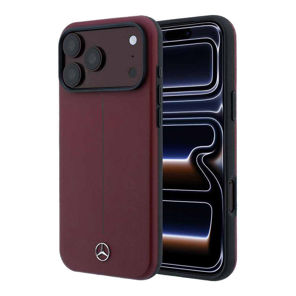 Apple iPhone 18 Pro Max Kılıf Mercedes Benz Orjinal Lisanslı M-safe Şarj Özellikli Metal Yıldız Logolu Çizgili Deri Kapak Bordo