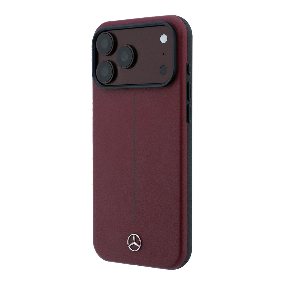 Apple iPhone 18 Pro Max Kılıf Mercedes Benz Orjinal Lisanslı M-safe Şarj Özellikli Metal Yıldız Logolu Çizgili Deri Kapak Bordo