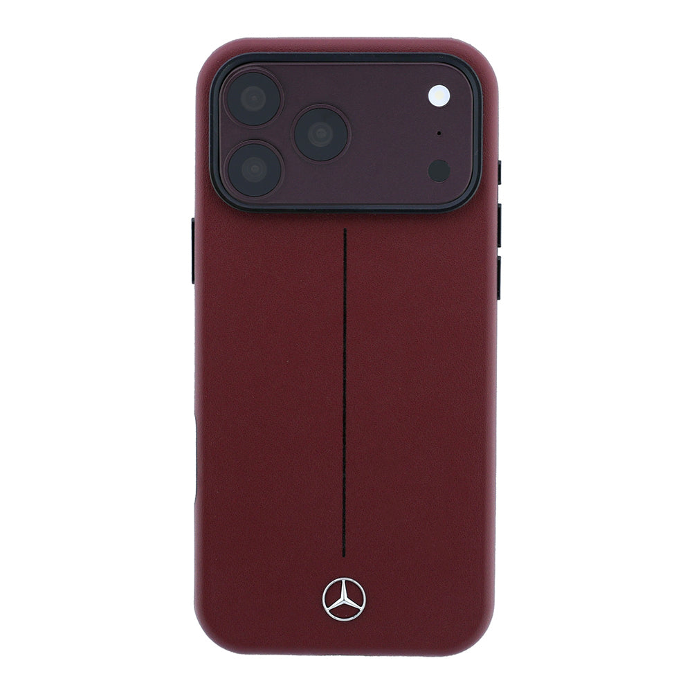 Apple iPhone 18 Pro Max Kılıf Mercedes Benz Orjinal Lisanslı M-safe Şarj Özellikli Metal Yıldız Logolu Çizgili Deri Kapak Bordo