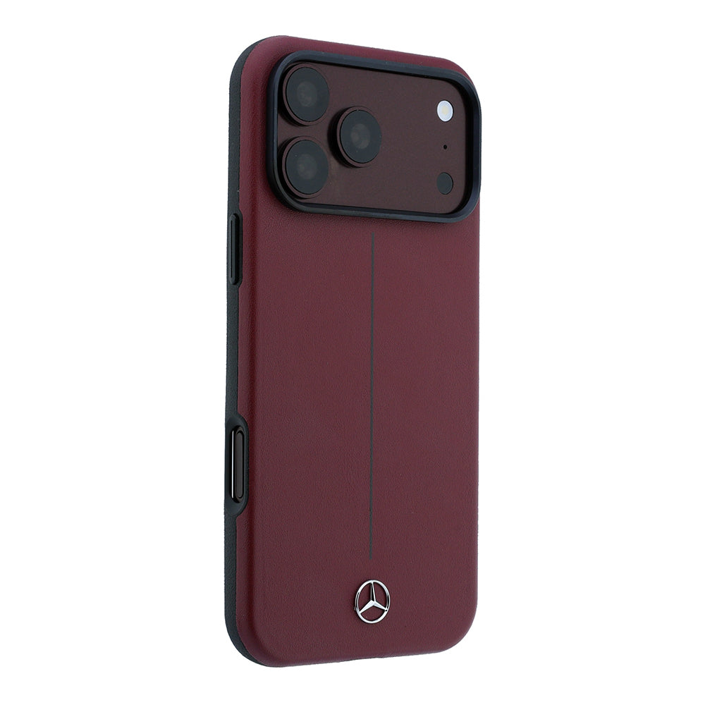 Apple iPhone 18 Pro Max Kılıf Mercedes Benz Orjinal Lisanslı M-safe Şarj Özellikli Metal Yıldız Logolu Çizgili Deri Kapak Bordo