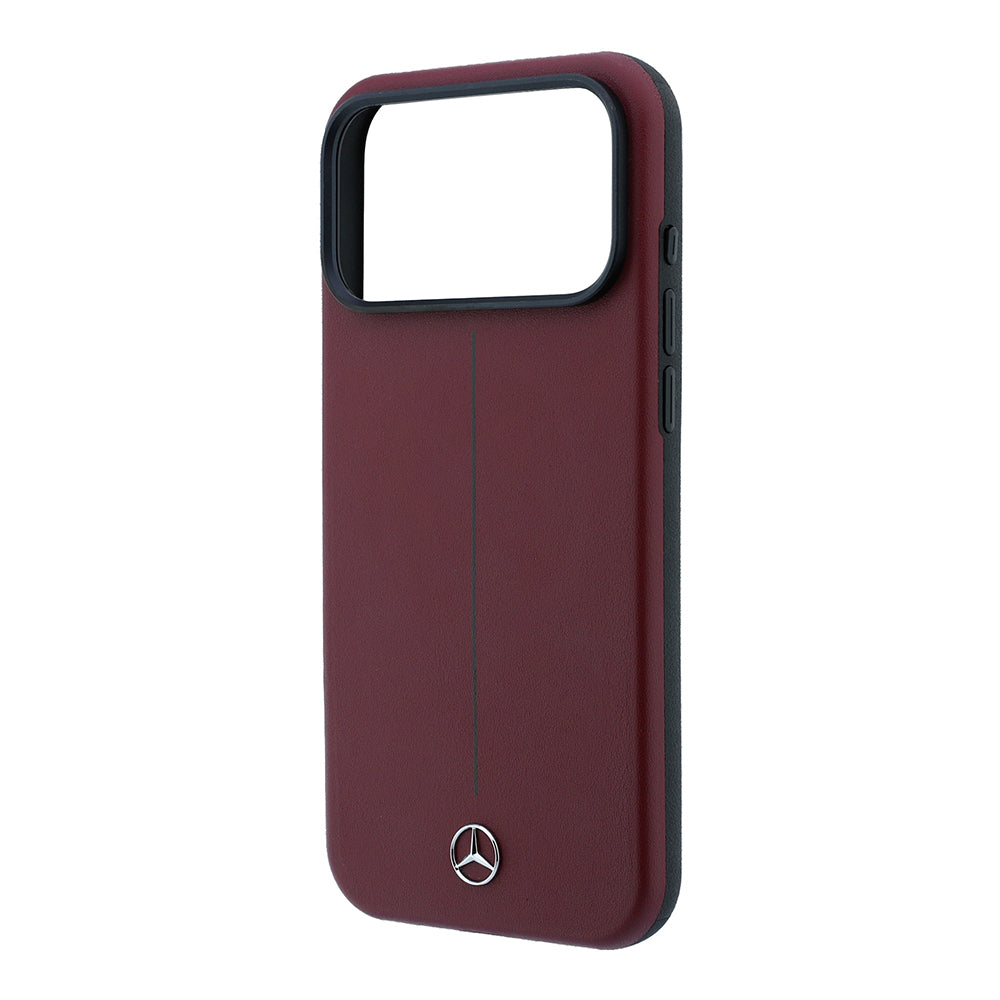 Apple iPhone 18 Pro Max Kılıf Mercedes Benz Orjinal Lisanslı M-safe Şarj Özellikli Metal Yıldız Logolu Çizgili Deri Kapak Bordo