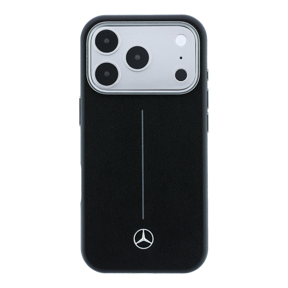 Apple iPhone 18 Pro Max Kılıf Mercedes Benz Orjinal Lisanslı M-safe Şarj Özellikli Metal Yıldız Logolu Çizgili Deri Kapak Siyah