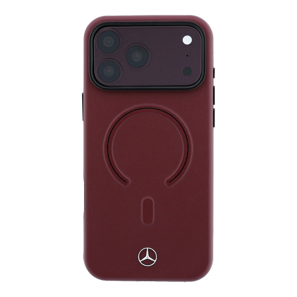Apple iPhone 18 Pro Max Kılıf Mercedes Benz Orjinal Lisanslı M-safe Şarj Özellikli Metal Yıldız Logolu Kabartmalı Deri Kapak Bordo