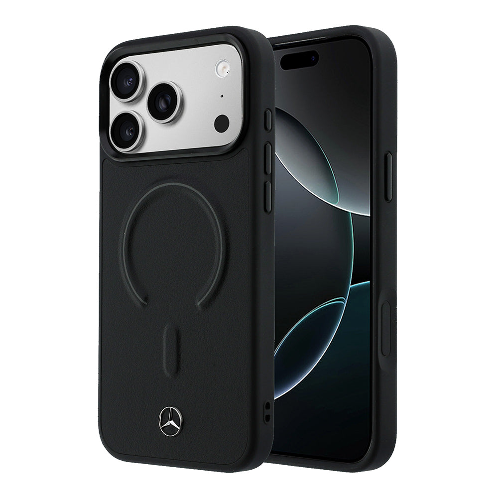 Apple iPhone 18 Pro Max Kılıf Mercedes Benz Orjinal Lisanslı M-safe Şarj Özellikli Metal Yıldız Logolu Kabartmalı Deri Kapak Siyah