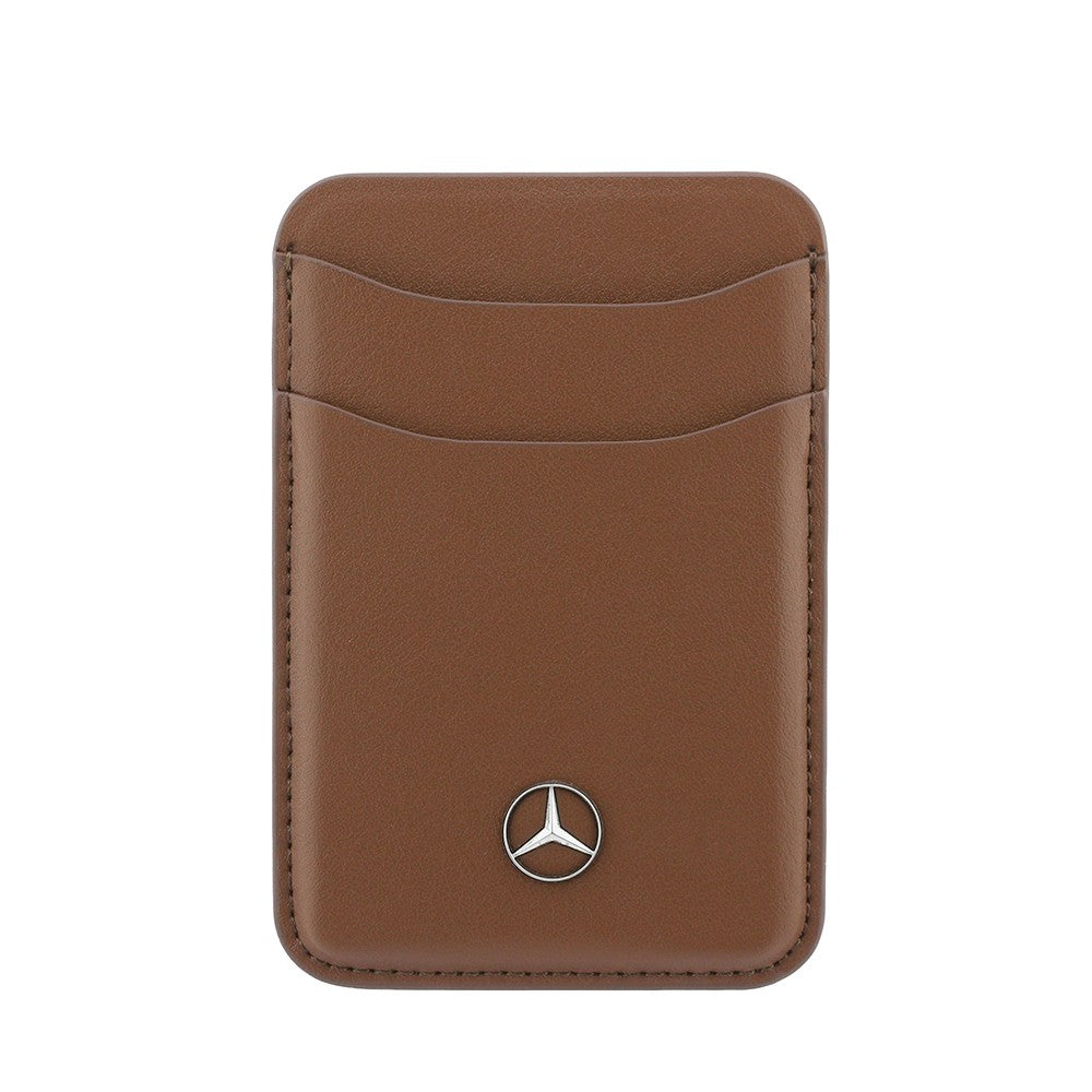 Apple iPhone 18 Pro Max Kılıf Mercedes Benz Orjinal Lisanslı M-safe Şarj Özellikli PU Deri 3D Metal Logolu Kartlıklı Kapak Kahverengi
