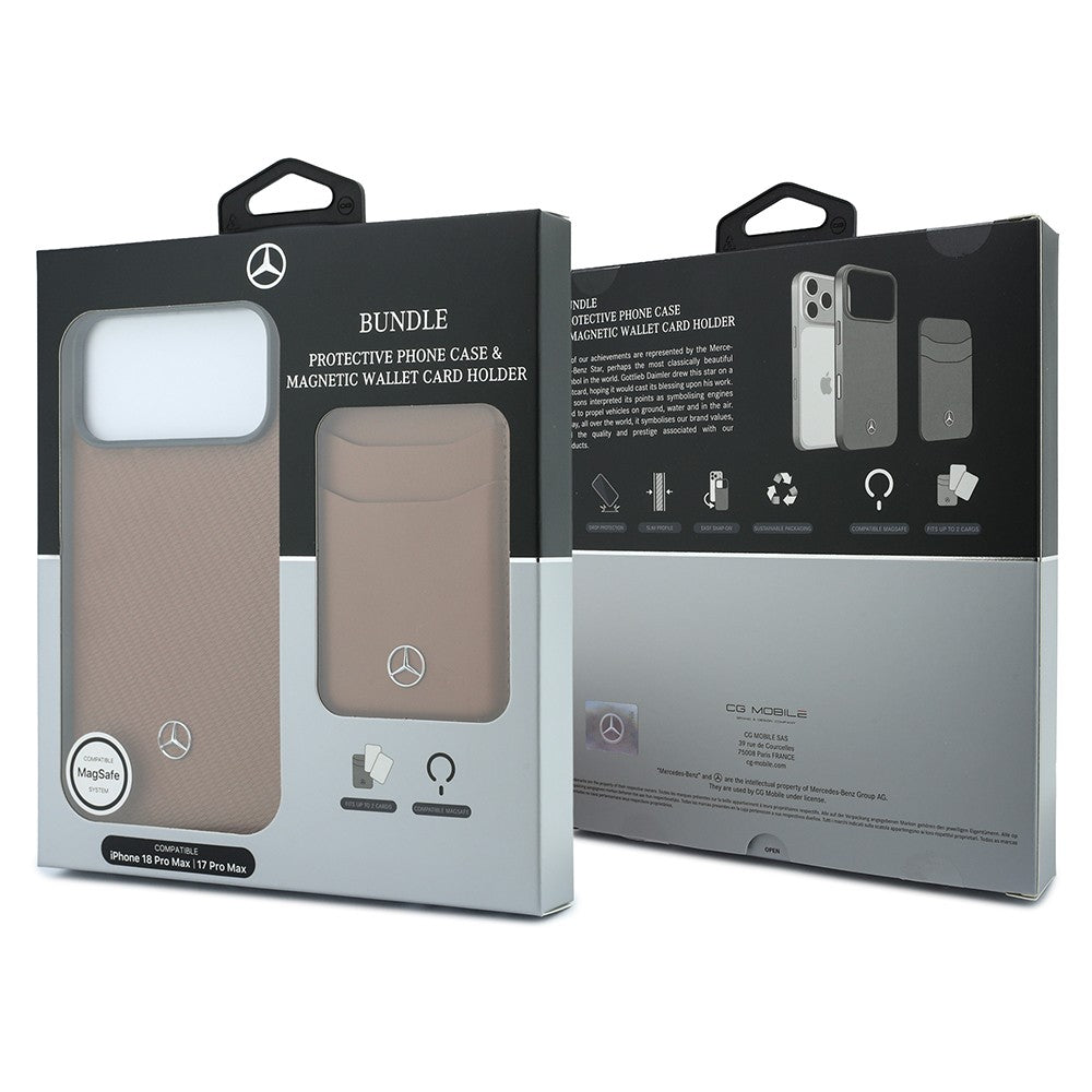 Apple iPhone 18 Pro Max Kılıf Mercedes Benz Orjinal Lisanslı M-safe Şarj Özellikli PU Deri 3D Metal Logolu Kartlıklı Kapak Kahverengi