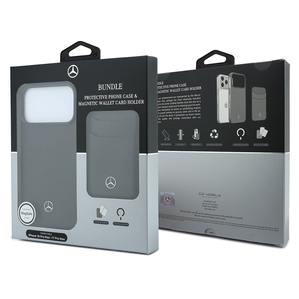 Apple iPhone 18 Pro Max Kılıf Mercedes Benz Orjinal Lisanslı M-safe Şarj Özellikli PU Deri 3D Metal Logolu Kartlıklı Kapak Siyah
