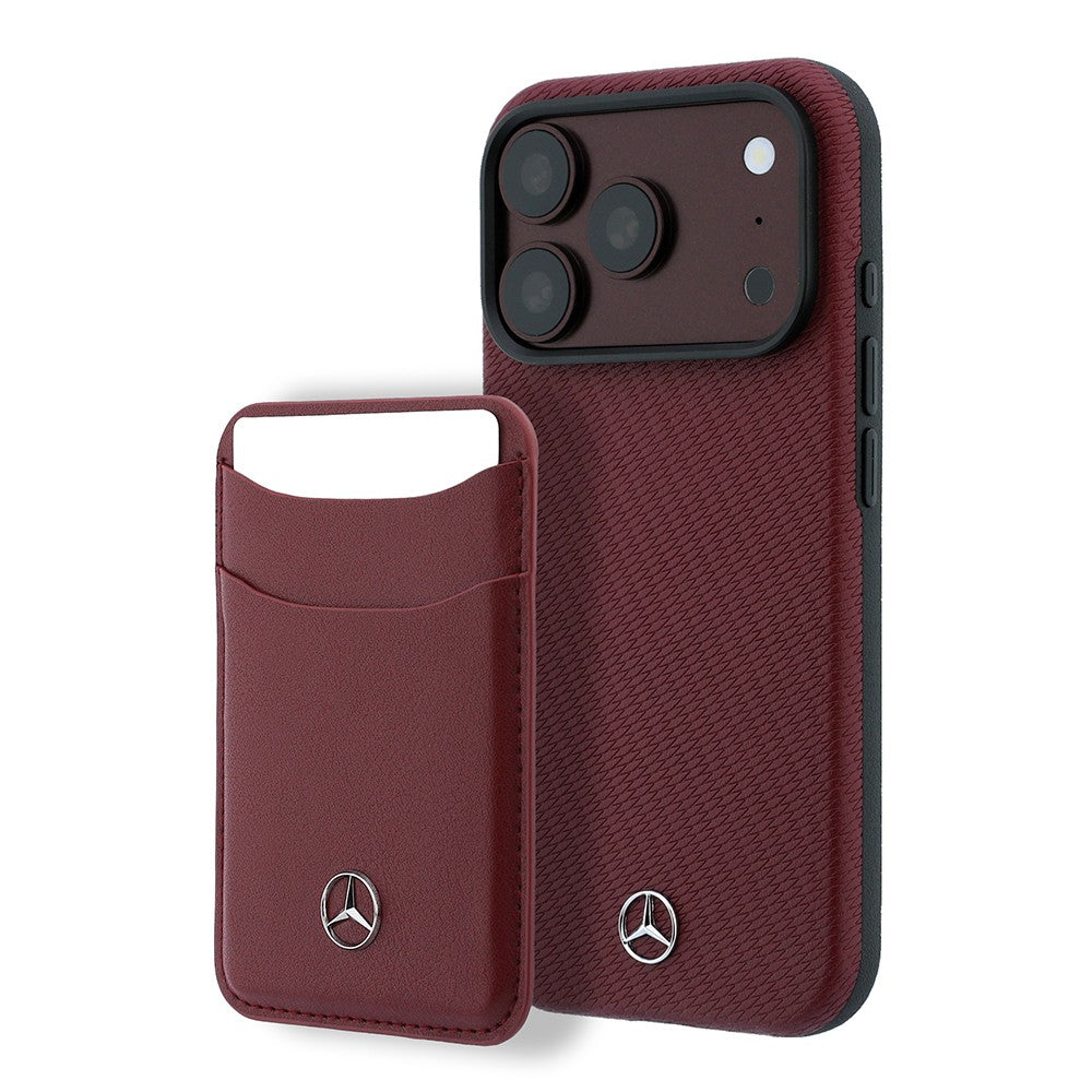 Apple iPhone 18 Pro Max Kılıf Mercedes Benz Orjinal Lisanslı M-safe Şarj Özellikli PU Deri 3D Metal Logolu Kartlıklı Kapak Bordo