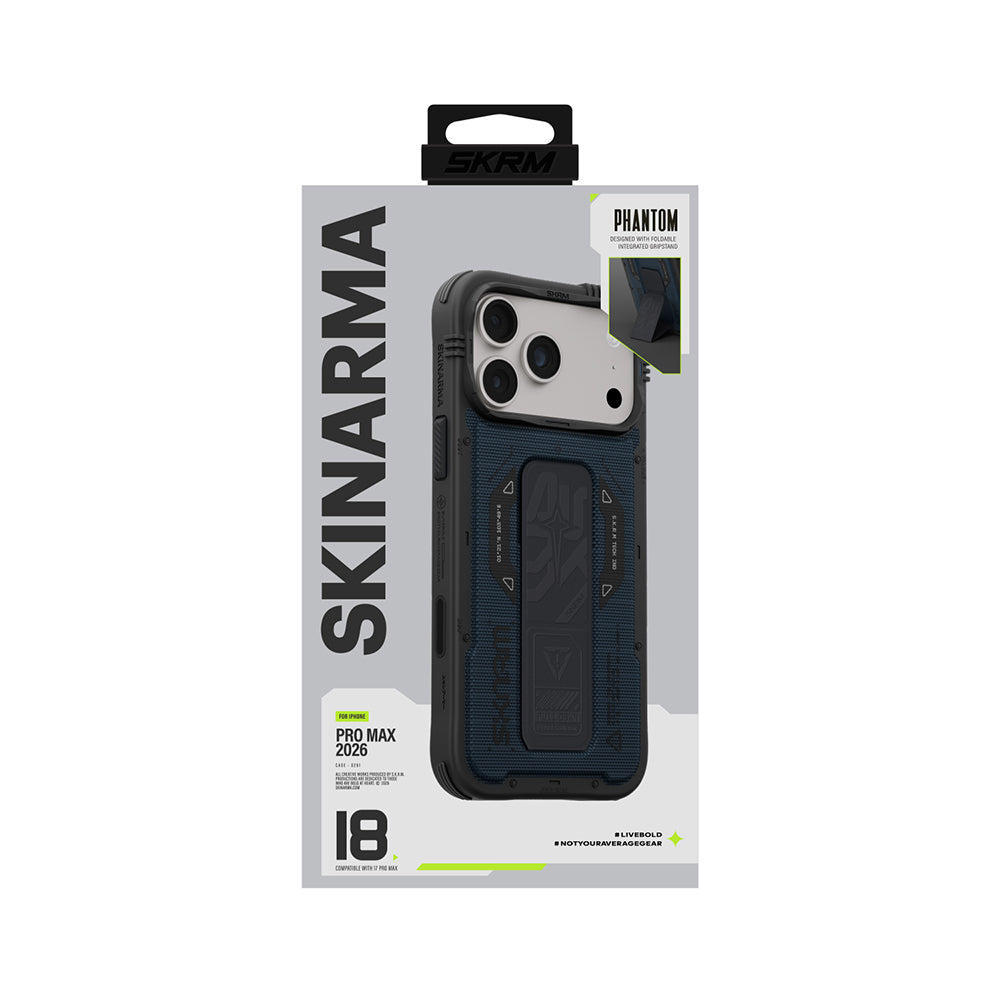 Apple iPhone 18 Pro Max Kılıf SkinArma M-safe Şarj Özellikli Airbag Tasarımlı Standlı Phantom Kapak Mavi