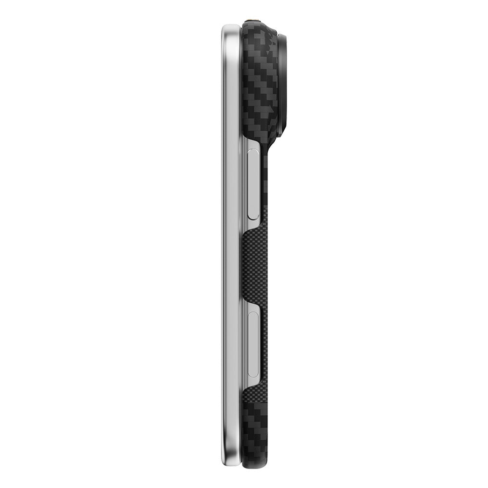 Apple iPhone Duo (Fold) Kılıf M-safe Şarj Özellikli Metal Kamera Çerçeveli Raptic Aramid SkinPro Mondrian Serisi Karbon Kapak Siyah-Gri
