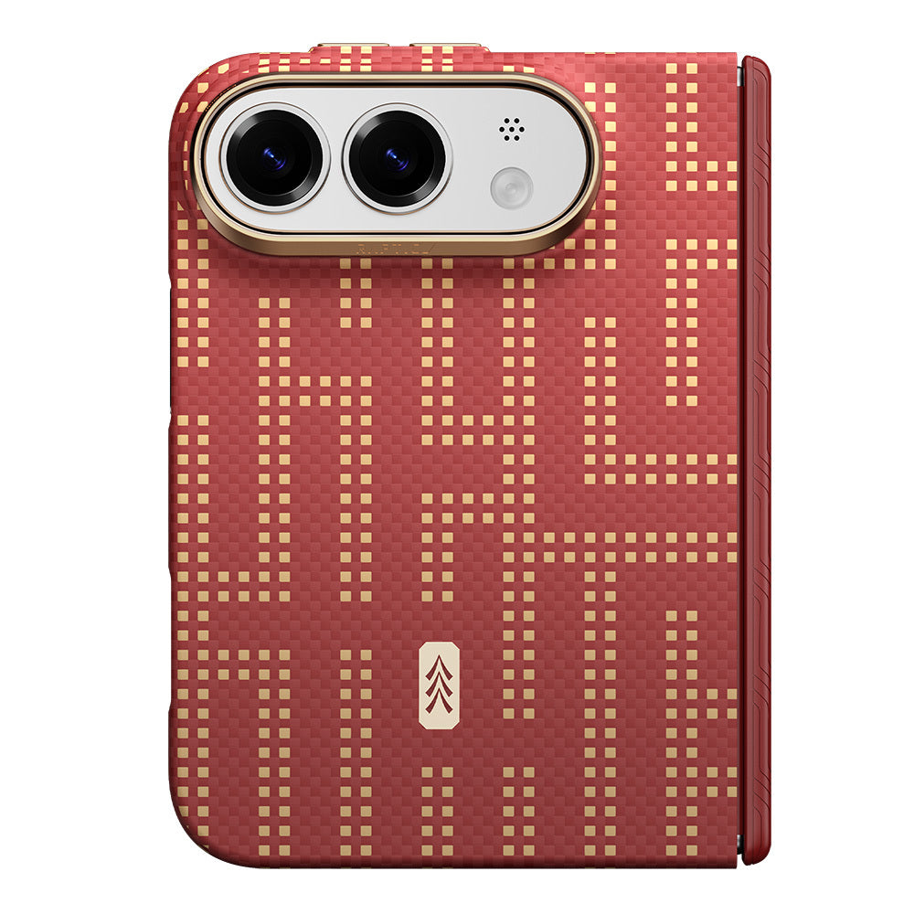 Apple iPhone Duo (Fold) Kılıf M-safe Şarj Özellikli Raptic Aramid SkinPro Grid Serisi Karbon Kapak Kırmızı