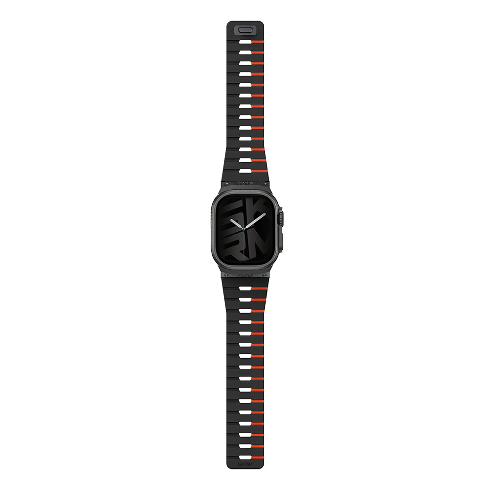 Apple Watch 10 46mm Skinarma Gemini Serisi TPU Magnetik Silikon Kordon Siyah-Turuncu