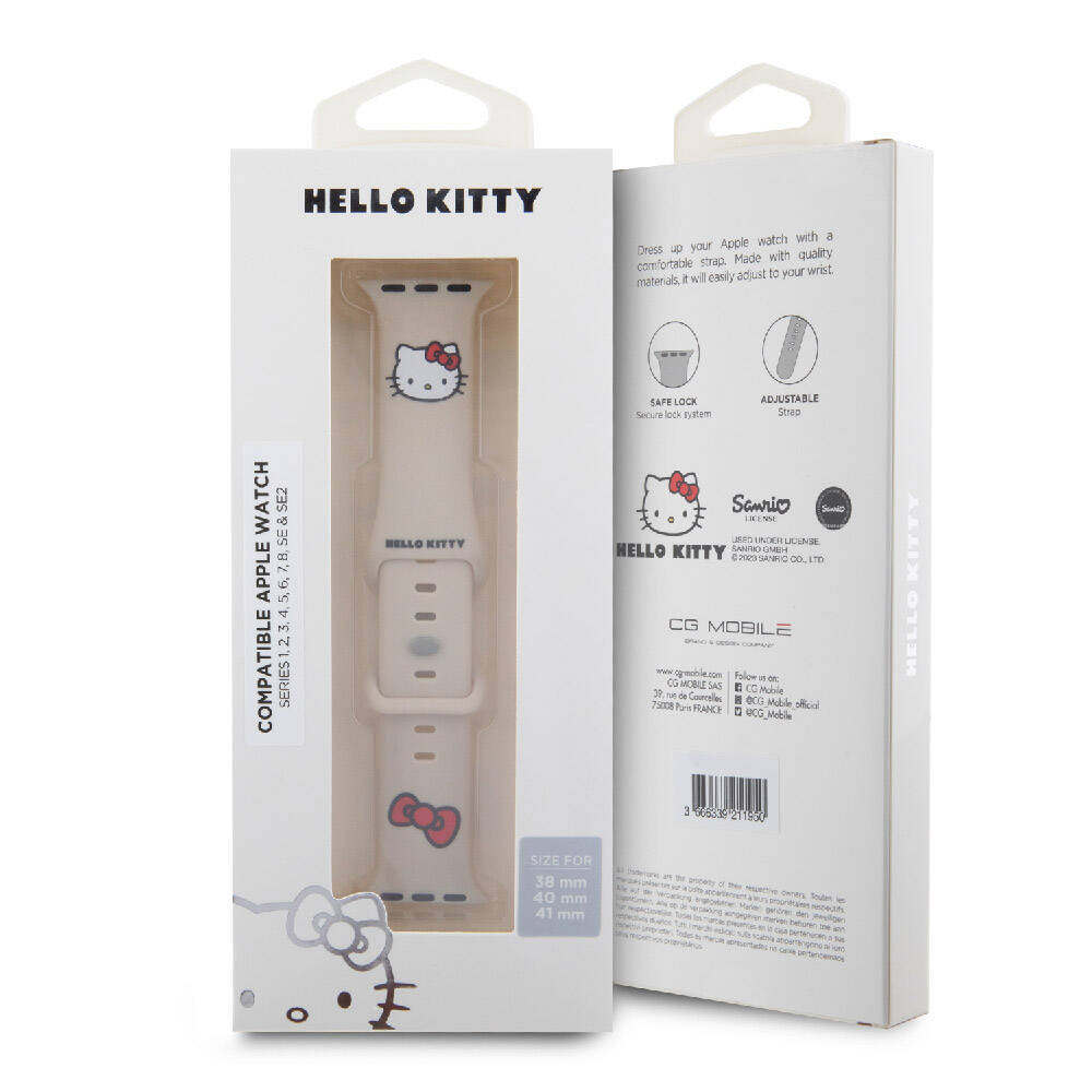 Watch 41mm Hello Kitty Orjinal Lisanslı Yazı Logolu Fiyonk & Kitty Head Silikon Kordon Krem