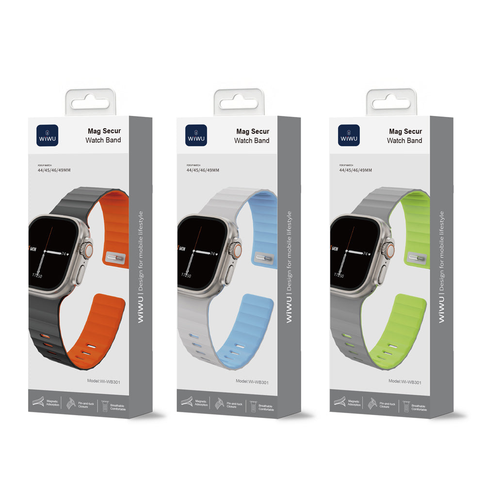 Apple Watch 7 45mm Wiwu Mag Secur Serisi Silikon Kordon Siyah-Turuncu