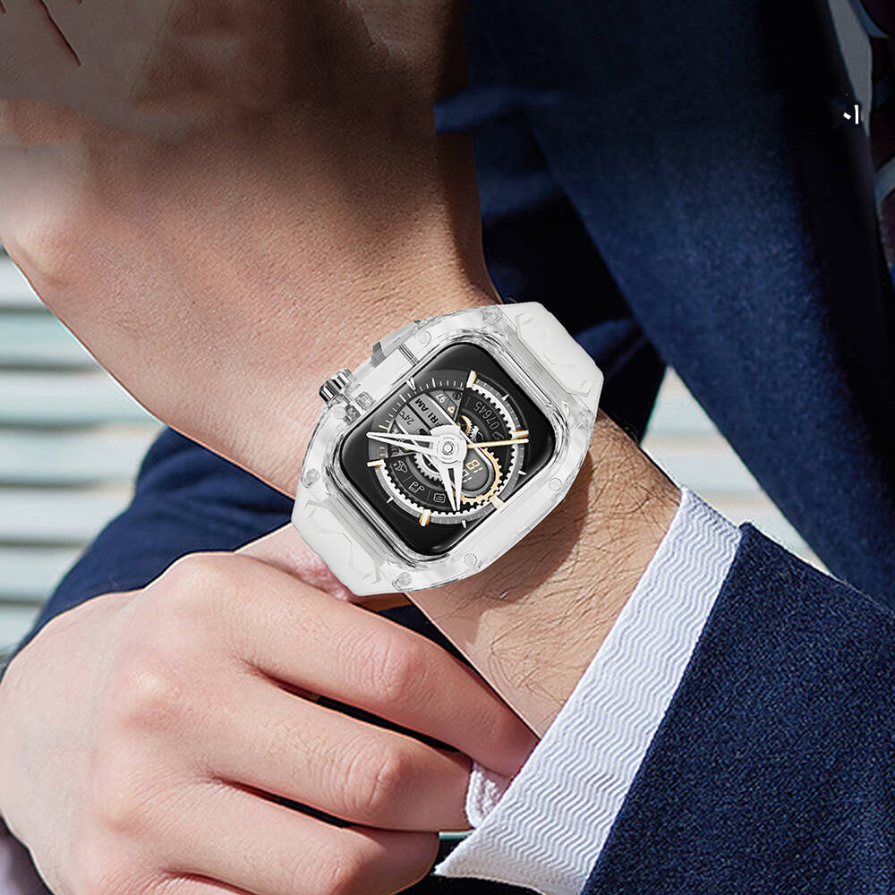 Watch 7 45mm Wiwu Wi-WB013 Rambo Serisi 2in1 Şeffaf PC Kasa Koruyuculu Kauçuk Kordon Beyaz