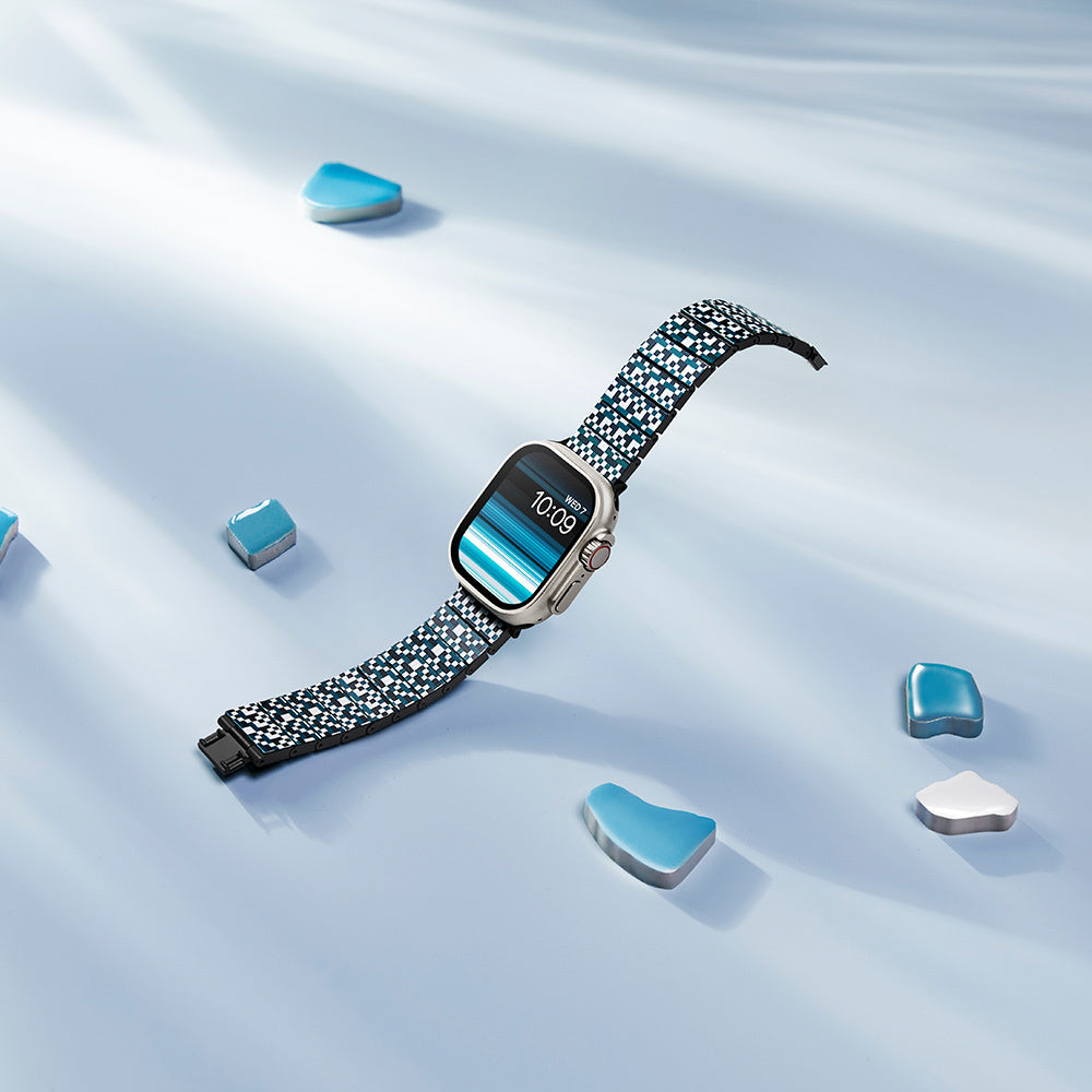 Watch Serisi Uyumlu Aramid Fiber ve Karbon Fiber Pitaka Dreamland ChromaCarbon Serisi Mosaic Universal Kordon Mavi-Beyaz