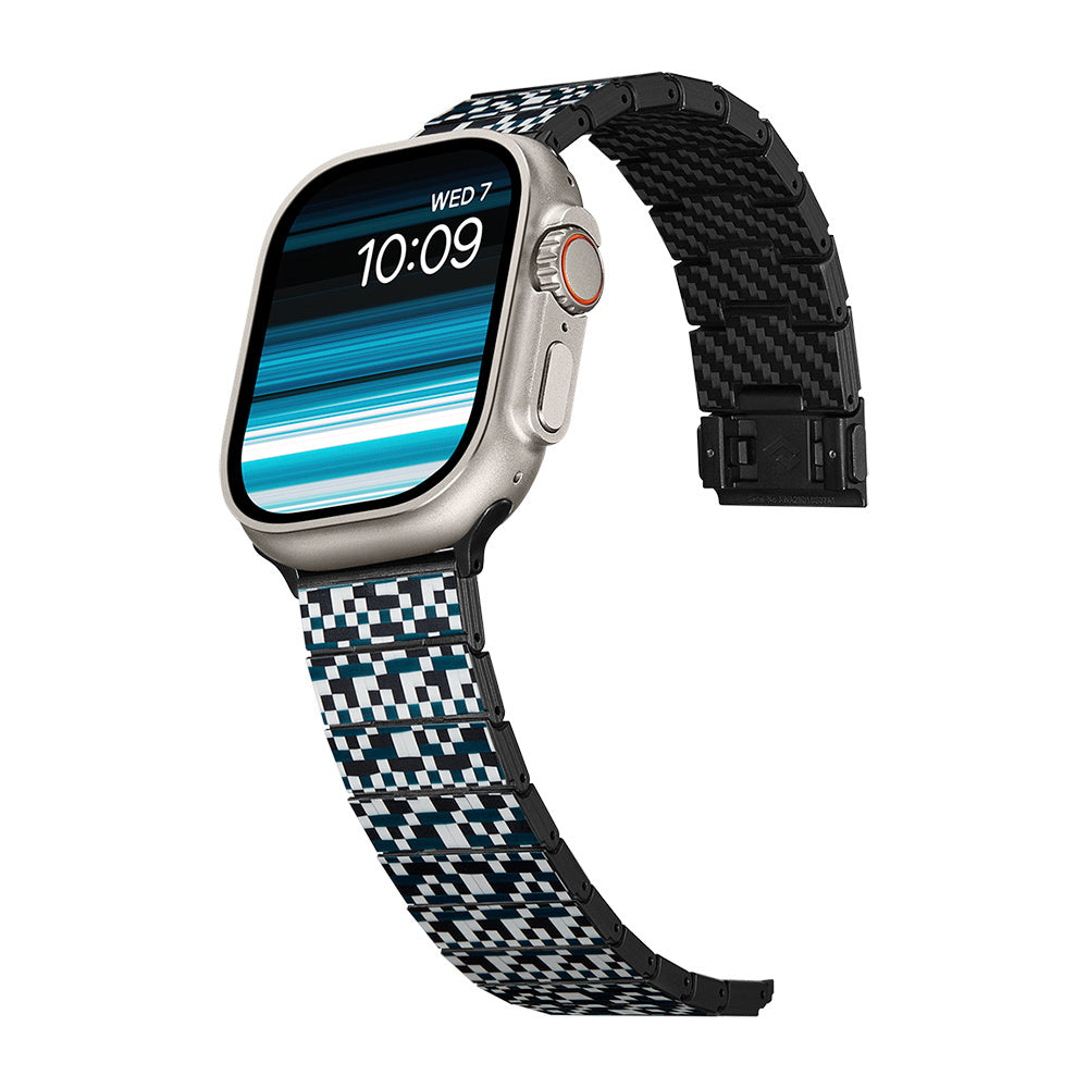 Watch Serisi Uyumlu Aramid Fiber ve Karbon Fiber Pitaka Dreamland ChromaCarbon Serisi Mosaic Universal Kordon Mavi-Beyaz