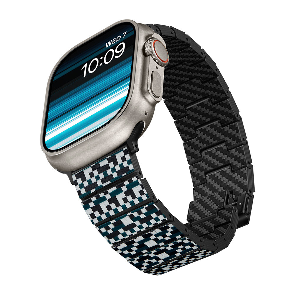Watch Serisi Uyumlu Aramid Fiber ve Karbon Fiber Pitaka Dreamland ChromaCarbon Serisi Mosaic Universal Kordon Mavi-Beyaz
