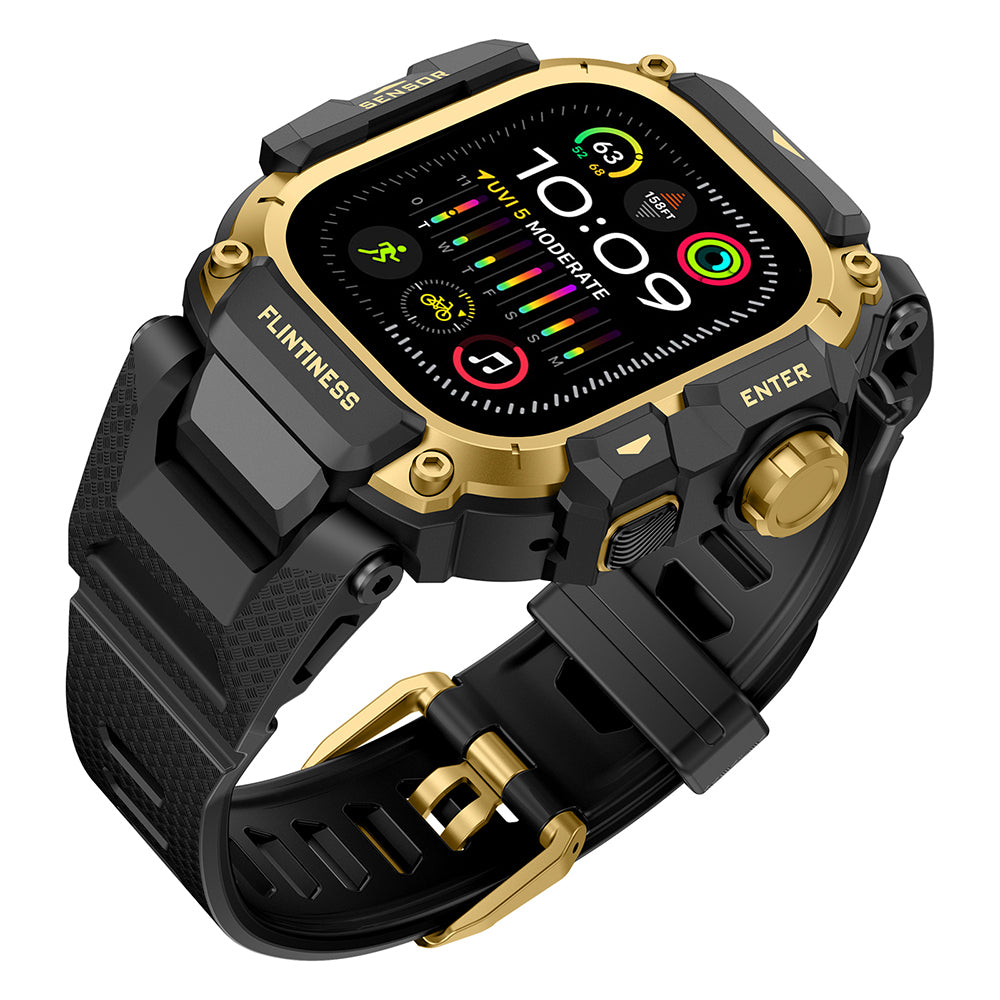 Apple Watch Ultra 49mm Mohseven iWatch Punk Fortress Serisi Kasa Koruyuculu Silikon Kordon Gold