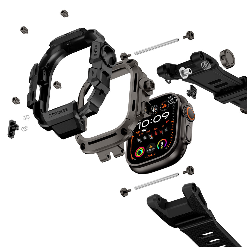 Apple Watch Ultra 49mm Mohseven iWatch Punk Fortress Serisi Kasa Koruyuculu Silikon Kordon Siyah