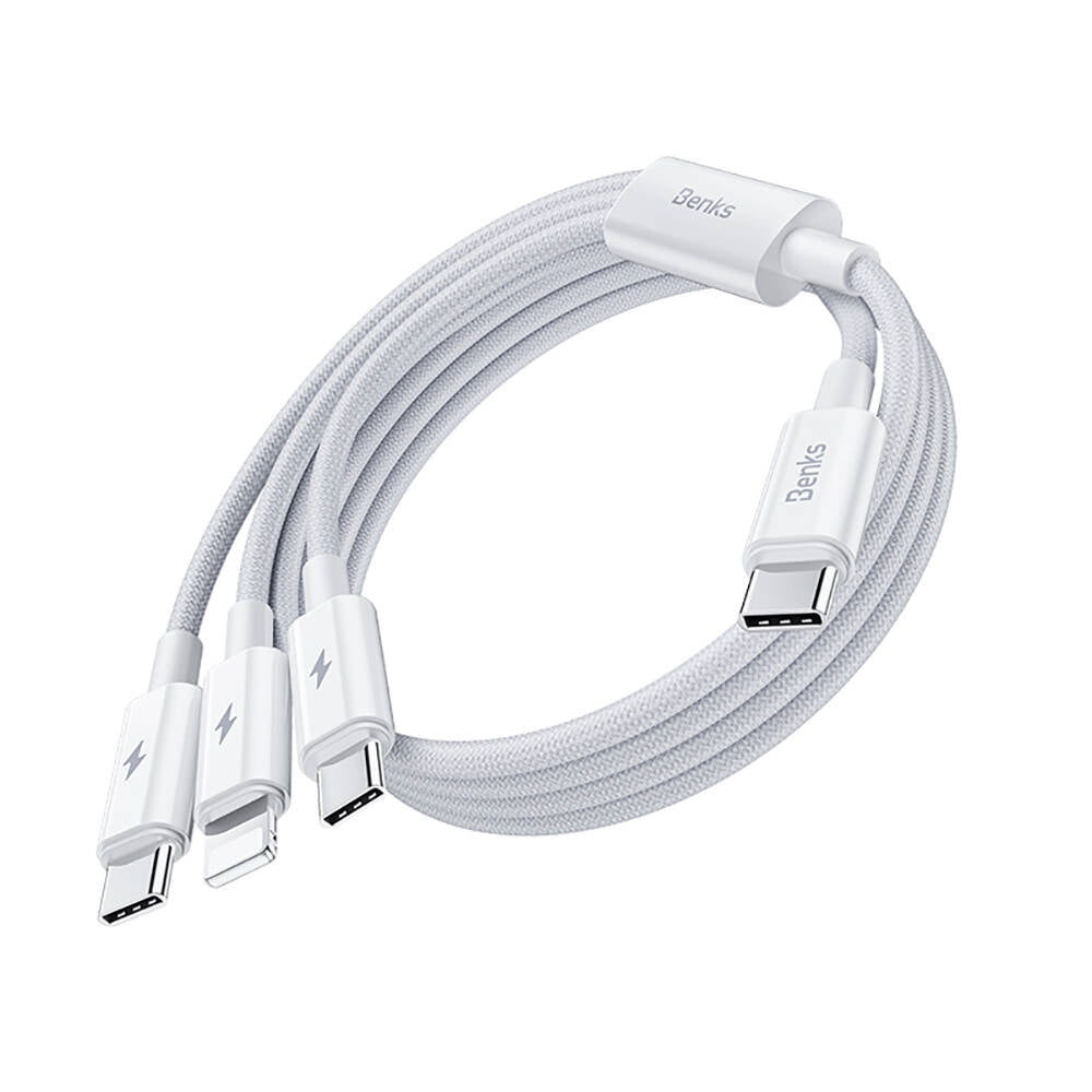 Benks D46 Type-C to Type-C & Type-C & Lightning PD3.0 Örgülü Şarj ve Data Kablosu 100W 1.2 Metre Beyaz