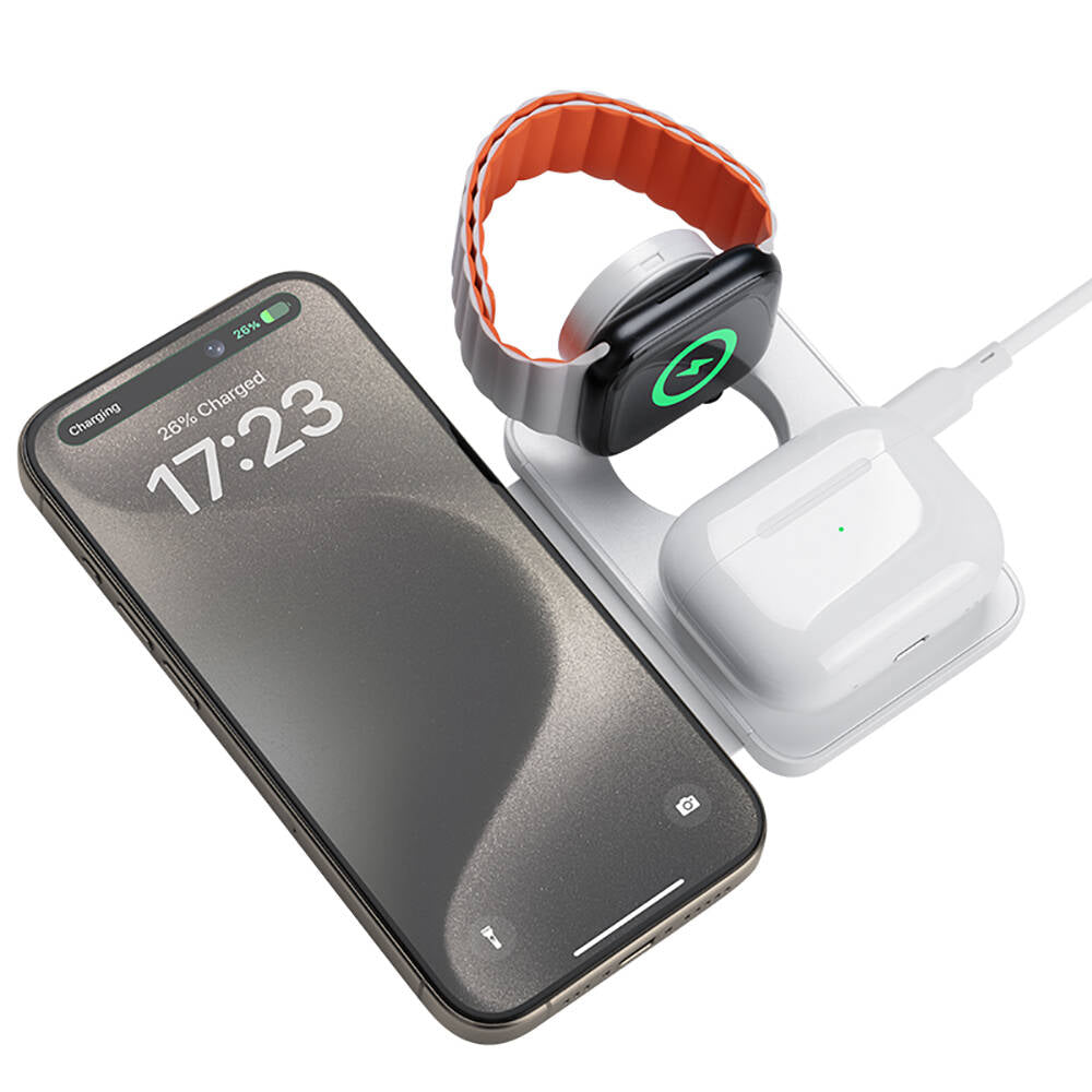 Benks W12-01 Telefon&Akıllı Saat&Kulaklık İçin 15W 3in1 Katlanabilir Magnetik Kablosuz Şarj Standı Beyaz