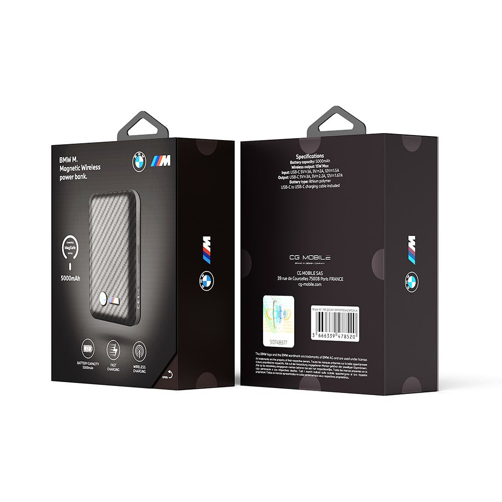 BMW Orjinal Lisanslı PU Karbon Tasarımlı Led Işık Göstergeli Magnetik Powerbank 5000mAh Siyah