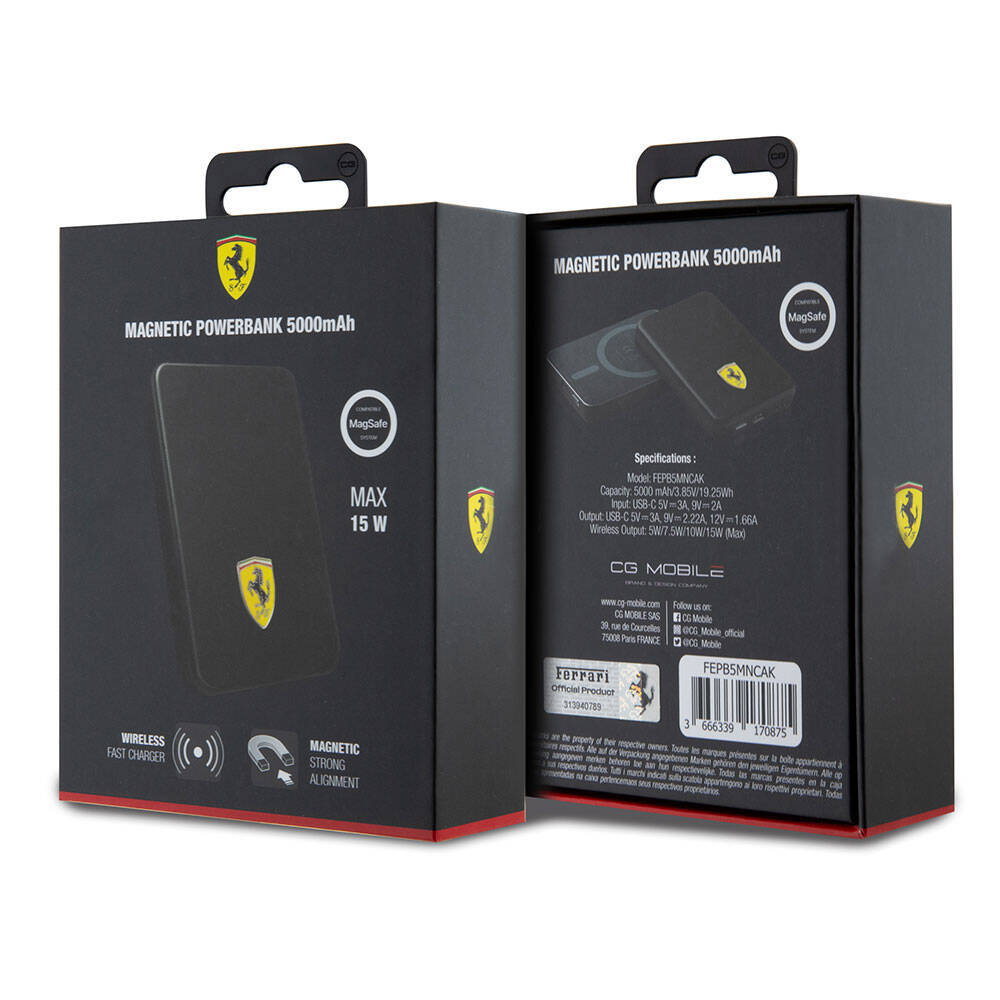 Ferrari Led Işıklı Göstergeli Magsafe Magnetik Orjinal Lisanslı Powerbank 5000 Mah Siyah