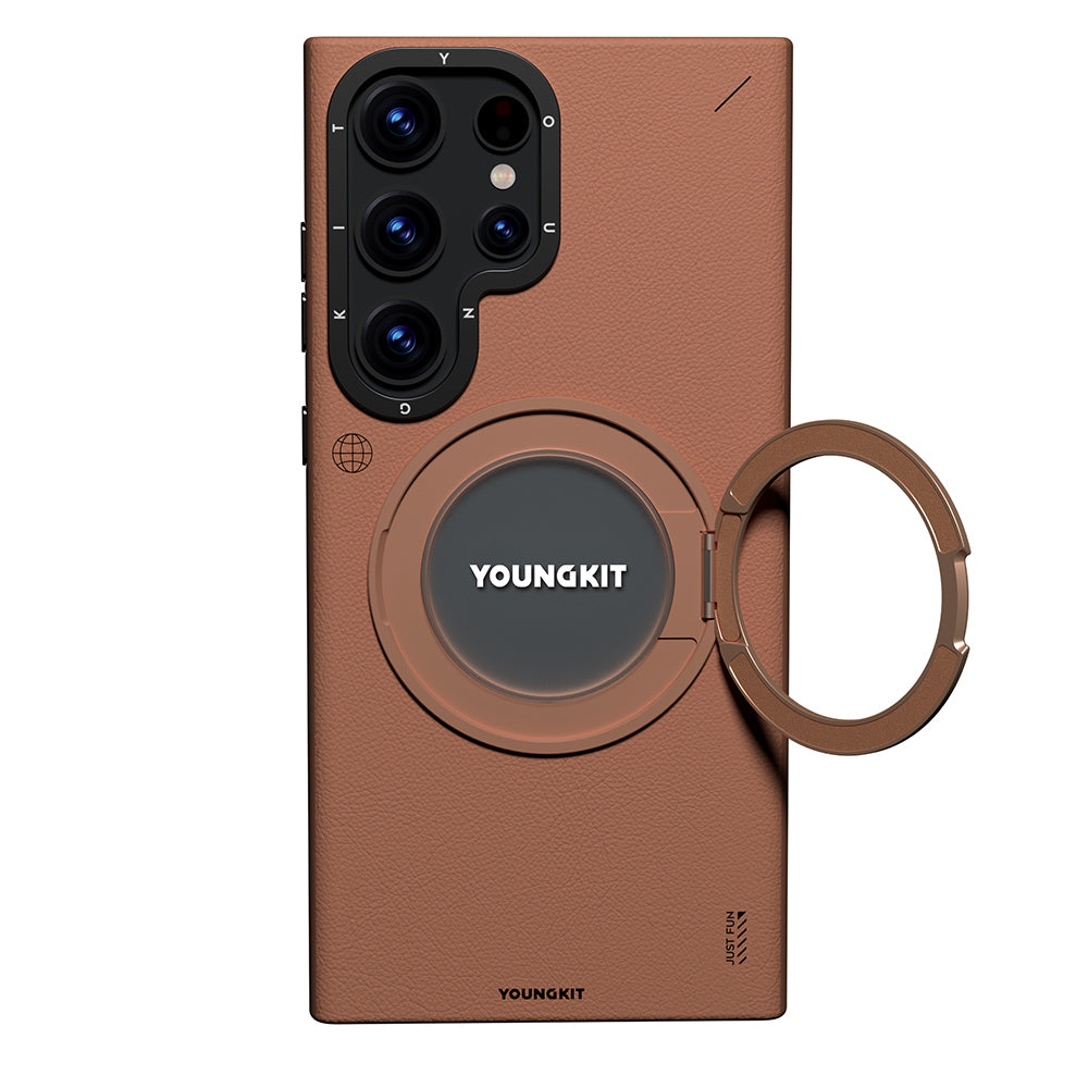 Galaxy S23 Ultra Kılıf Magsafe Şarj Özellikli 360° Standlı Basit Mat Deri Desenli Youngkit Tech Leather Serisi Kapak Siyah