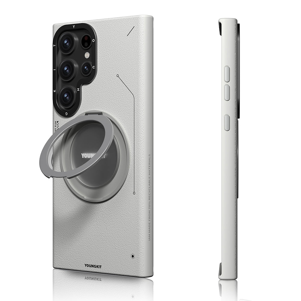 Galaxy S23 Ultra Kılıf Magsafe Şarj Özellikli 360° Standlı Basit Mat Deri Desenli Youngkit Tech Leather Serisi Kapak Kahverengi