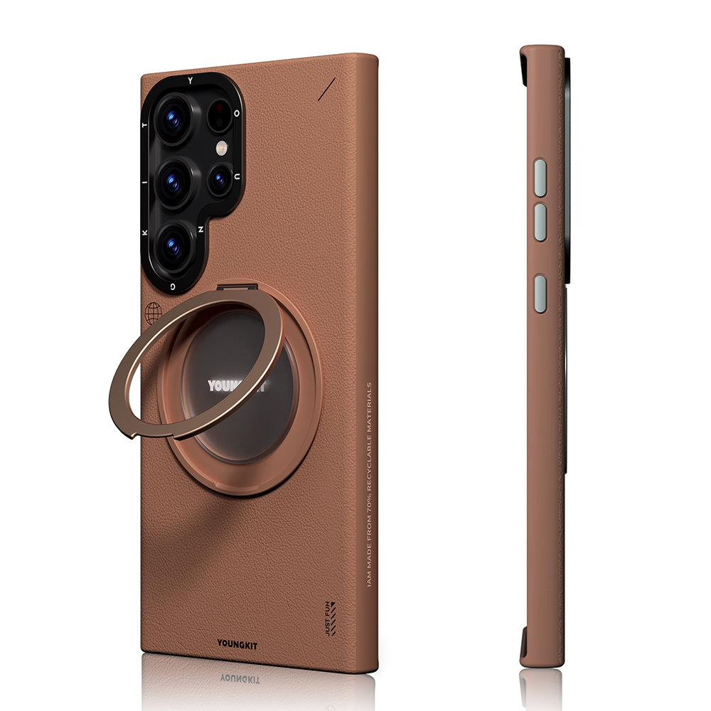 Galaxy S23 Ultra Kılıf Magsafe Şarj Özellikli 360° Standlı Basit Mat Deri Desenli Youngkit Tech Leather Serisi Kapak Gri