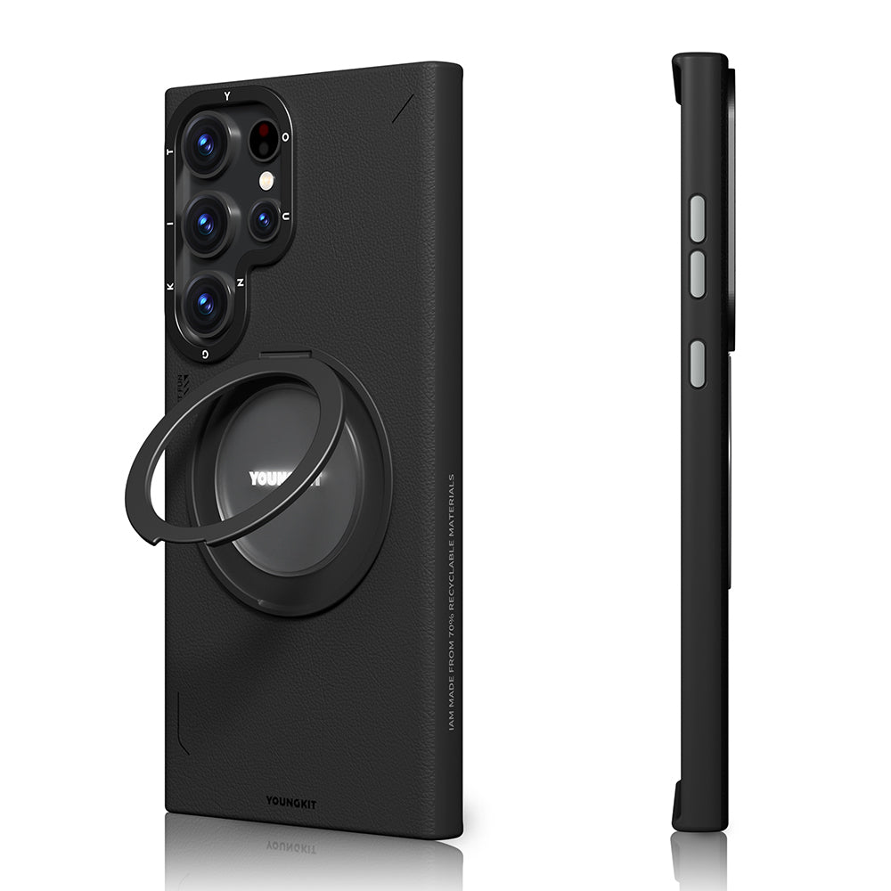 Galaxy S23 Ultra Kılıf Magsafe Şarj Özellikli 360° Standlı Basit Mat Deri Desenli Youngkit Tech Leather Serisi Kapak Gri