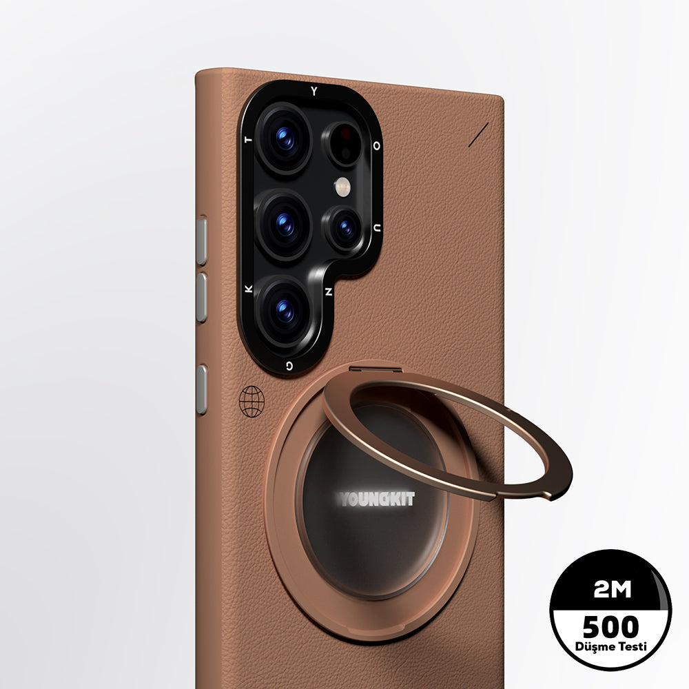 Galaxy S23 Ultra Kılıf Magsafe Şarj Özellikli 360° Standlı Basit Mat Deri Desenli Youngkit Tech Leather Serisi Kapak Siyah