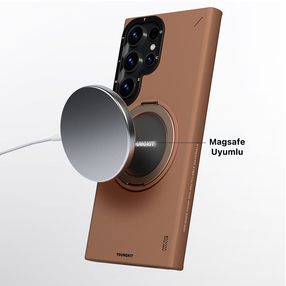 Galaxy S23 Ultra Kılıf Magsafe Şarj Özellikli 360° Standlı Basit Mat Deri Desenli Youngkit Tech Leather Serisi Kapak Gri