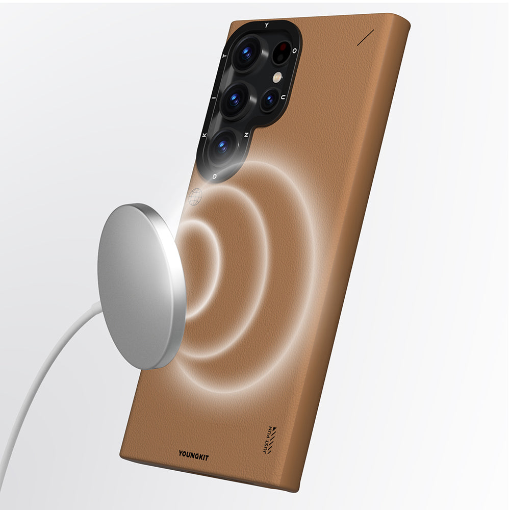 Galaxy S23 Ultra Kılıf Magsafe Şarj Özellikli Basit Mat Deri Desenli Youngkit Tech Fashion Serisi Kapak Kahverengi