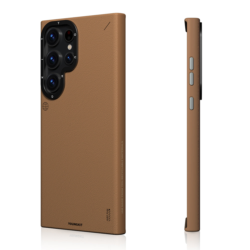 Galaxy S23 Ultra Kılıf Magsafe Şarj Özellikli Basit Mat Deri Desenli Youngkit Tech Fashion Serisi Kapak Kahverengi