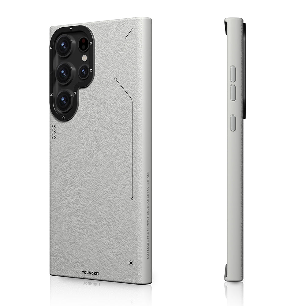 Galaxy S23 Ultra Kılıf Magsafe Şarj Özellikli Basit Mat Deri Desenli Youngkit Tech Fashion Serisi Kapak Gümüş