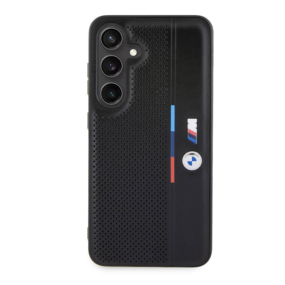 Galaxy S24 Kılıf BMW Orjinal Lisanslı M Logolu Üç Renk Çizgili Delikli Detail Line Kılıf Siyah