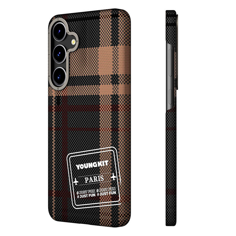 Galaxy S24 Kılıf Ekose Desenli Youngkit Gezhi Serisi Kılıf Kahverengi