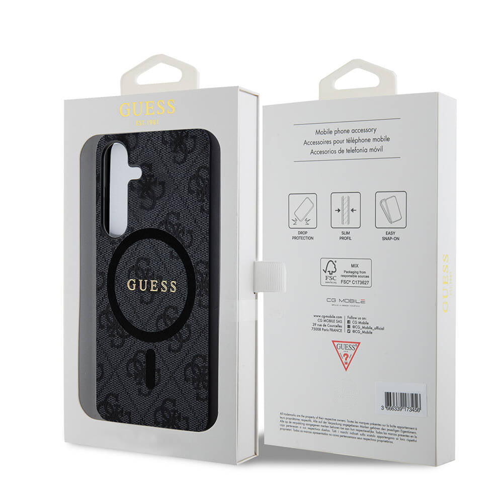 Galaxy S24 Kılıf Guess Orjinal Lisanslı Magsafe Şarj Özellikli PU Halkalı 4G Desenli Yazı Logolu Kapak Siyah