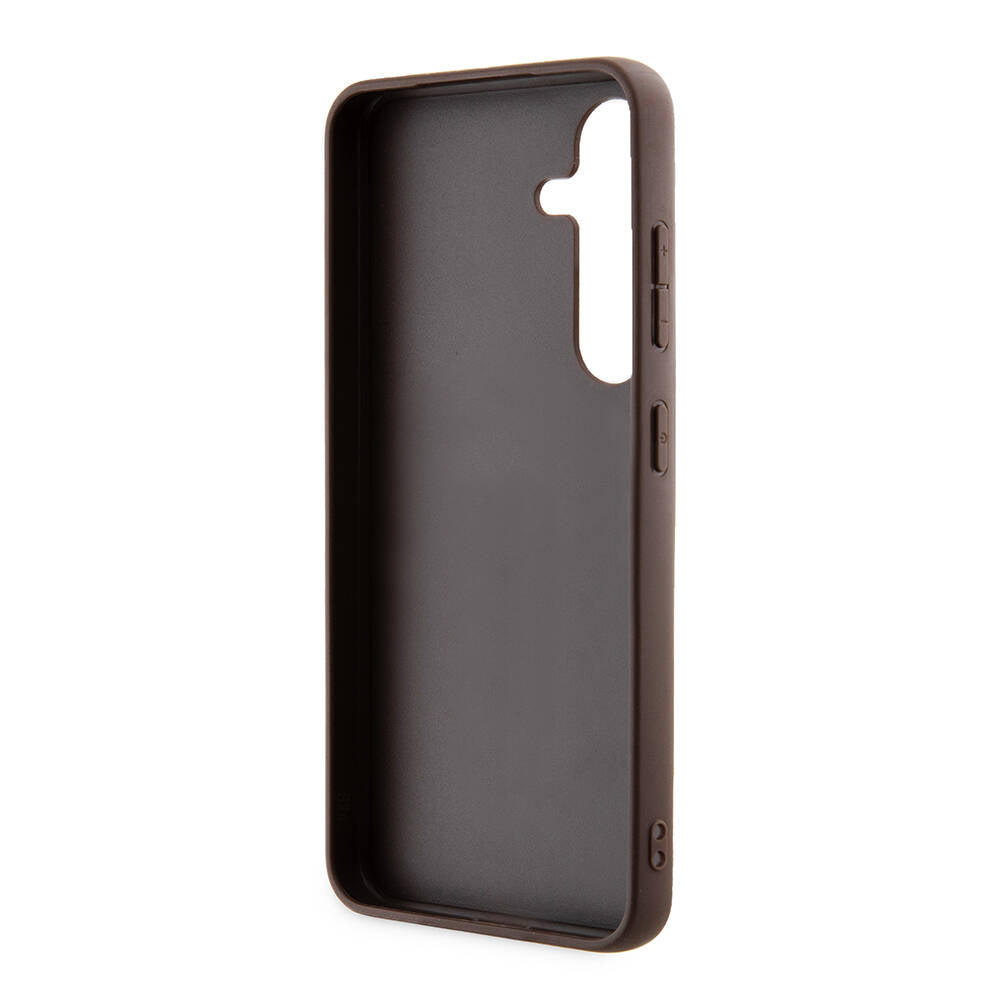 Galaxy S24 Kılıf Guess Orjinal Lisanslı PU Deri Yazı ve 4G Metal Logolu Desenli Kapak Siyah