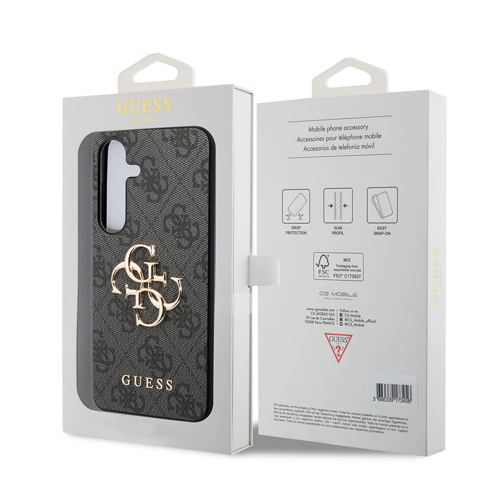 Galaxy S24 Kılıf Guess Orjinal Lisanslı PU Deri Yazı ve 4G Metal Logolu Desenli Kapak Siyah