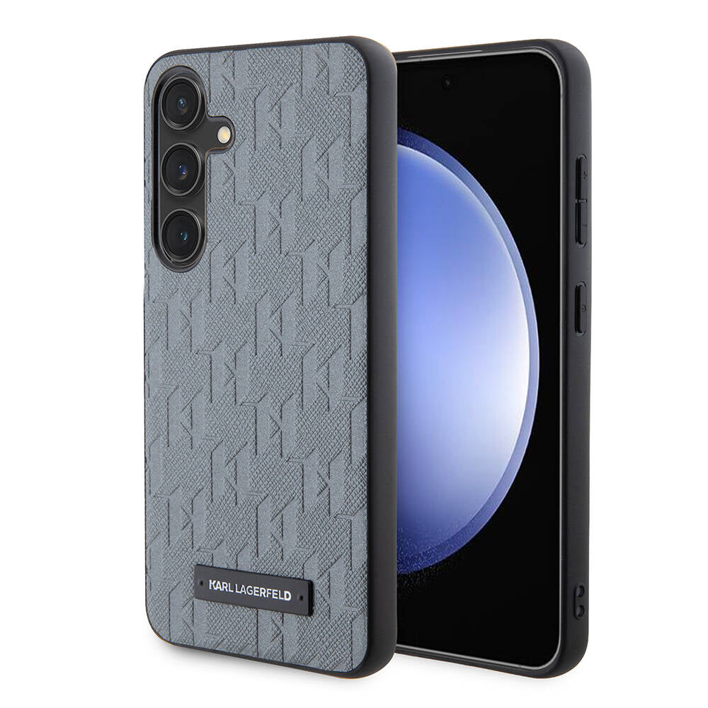 Galaxy S24 Kılıf Karl Lagerfeld Orjinal Lisanslı Saffiano Monogram Metal Logo Kılıf Gri