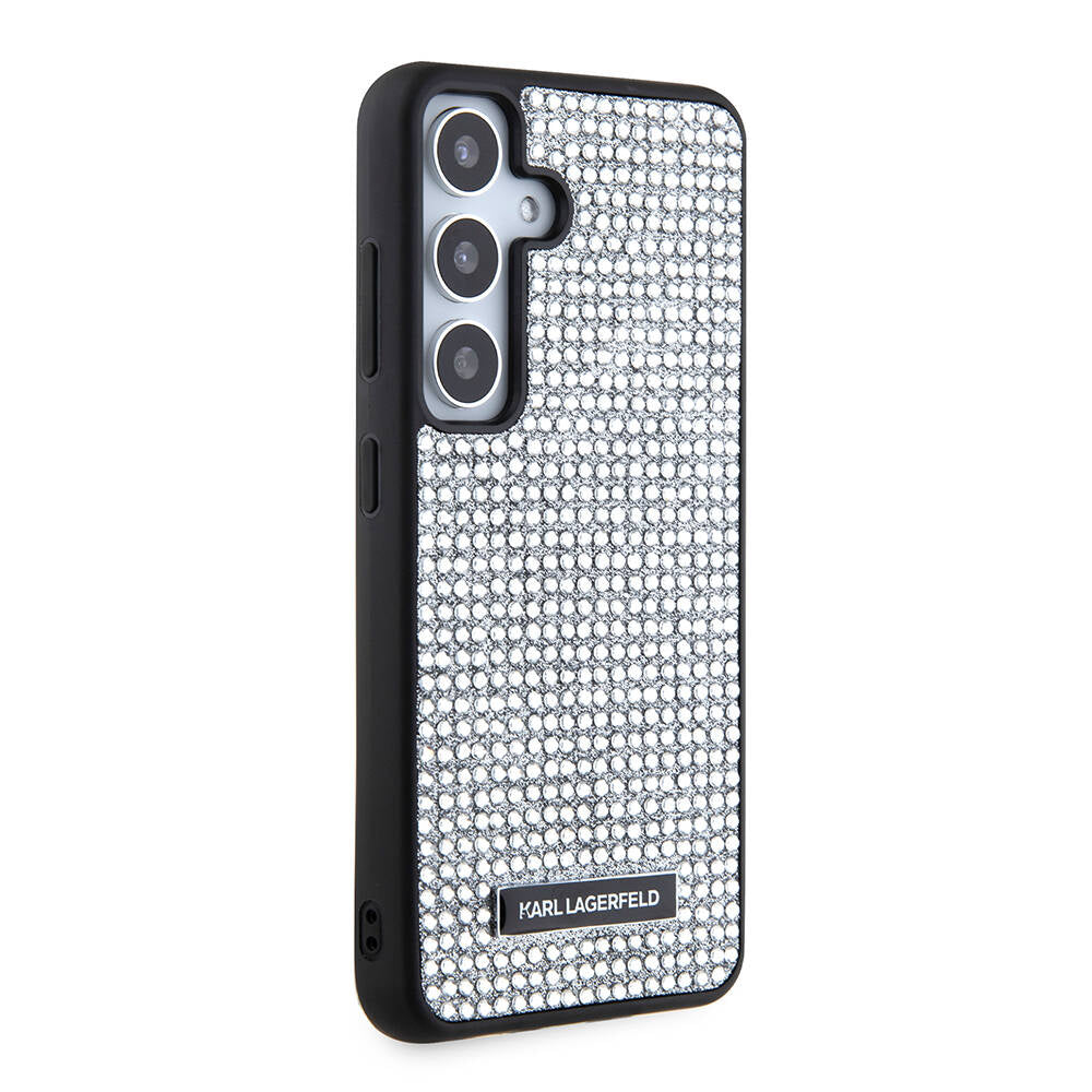 Galaxy S24 Kılıf Karl Lagerfeld Taşlı Metal Logo Orjinal Lisanslı Kılıf Gümüş