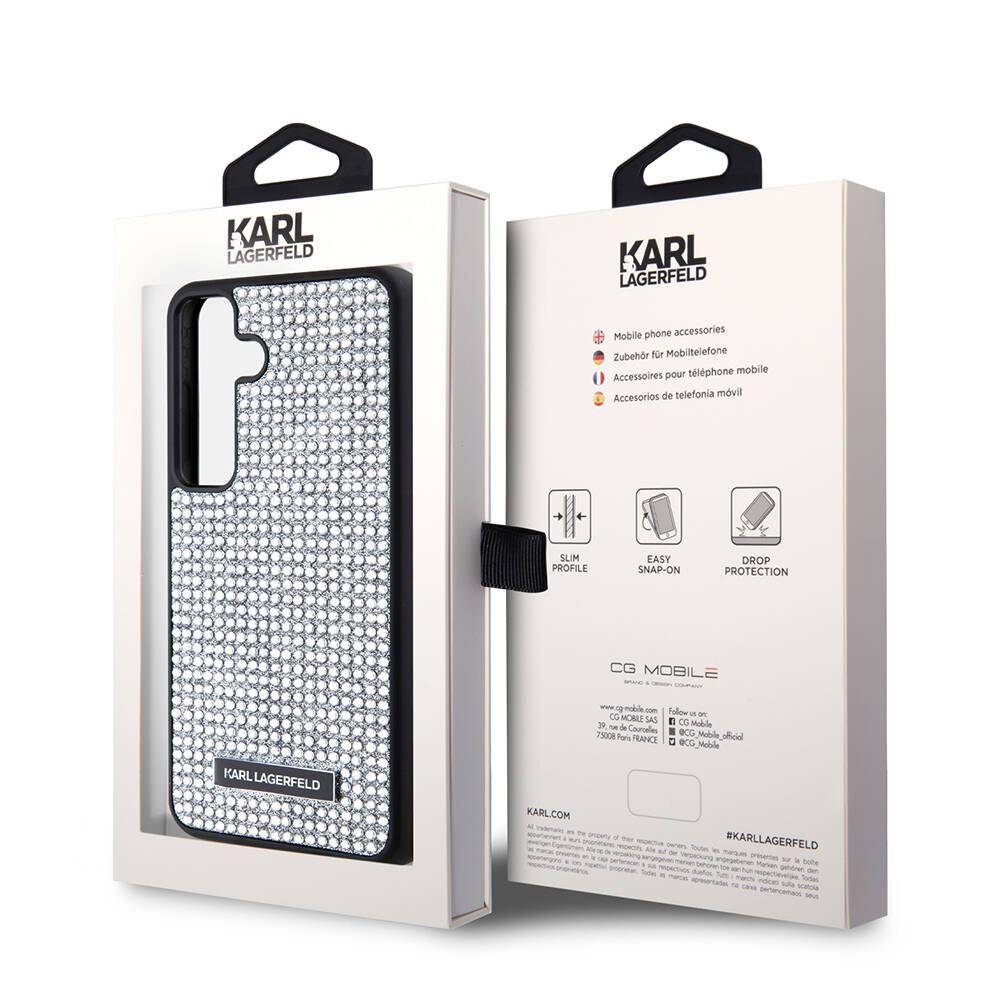 Galaxy S24 Kılıf Karl Lagerfeld Taşlı Metal Logo Orjinal Lisanslı Kılıf Gümüş