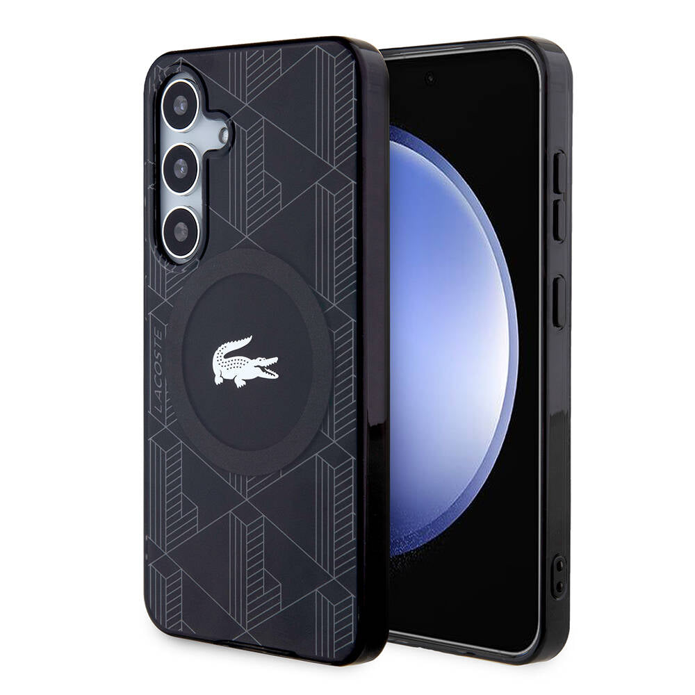 Galaxy S24 Kılıf Lacoste Orjinal Lisanslı Magsafe Şarj Özellikli Çift Katmanlı Timsah Logolu Blend Monogram Kılıf Siyah