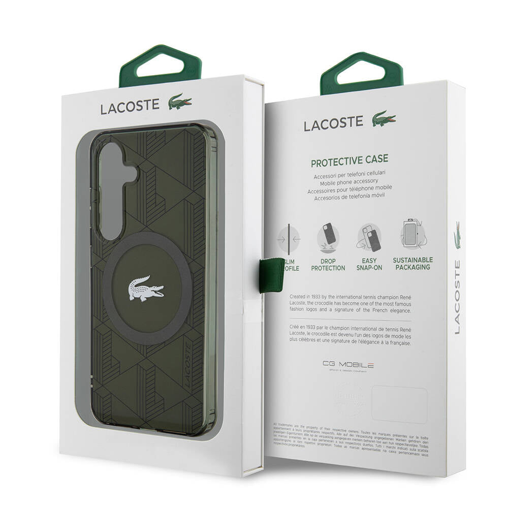 Galaxy S24 Kılıf Lacoste Orjinal Lisanslı Magsafe Şarj Özellikli Çift Katmanlı Timsah Logolu Blend Monogram Kılıf Siyah