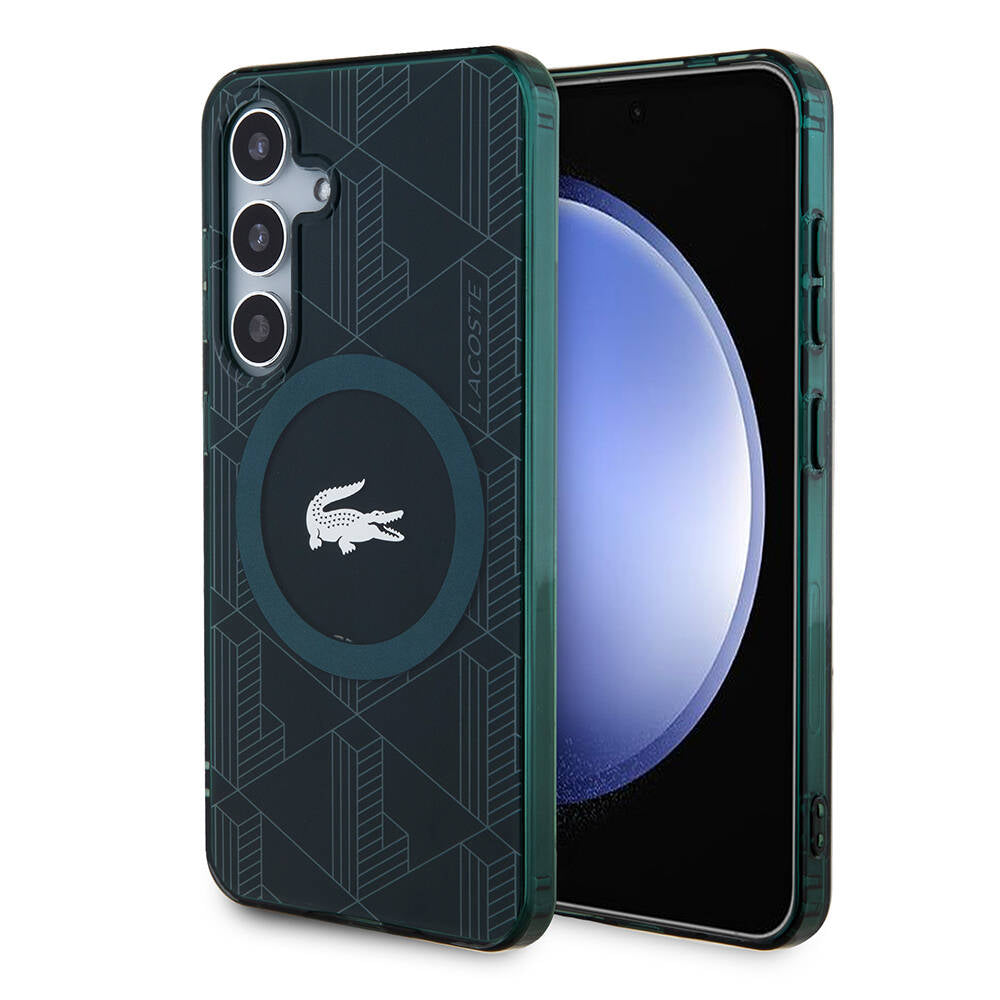 Galaxy S24 Kılıf Lacoste Orjinal Lisanslı Magsafe Şarj Özellikli Çift Katmanlı Timsah Logolu Blend Monogram Kılıf Haki