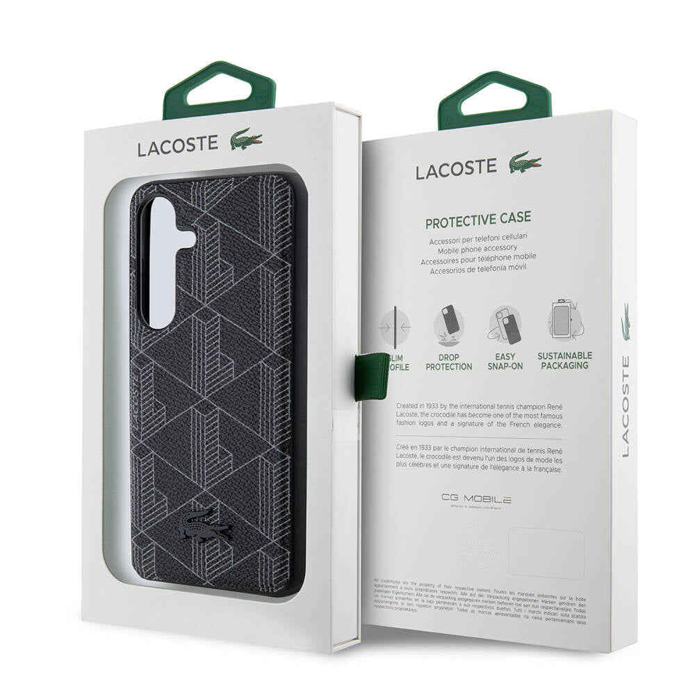 Galaxy S24 Kılıf Lacoste Orjinal Lisanslı Magsafe Şarj Özellikli PU Deri Görünümlü Karışık Monogram Desenli Kılıf Siyah