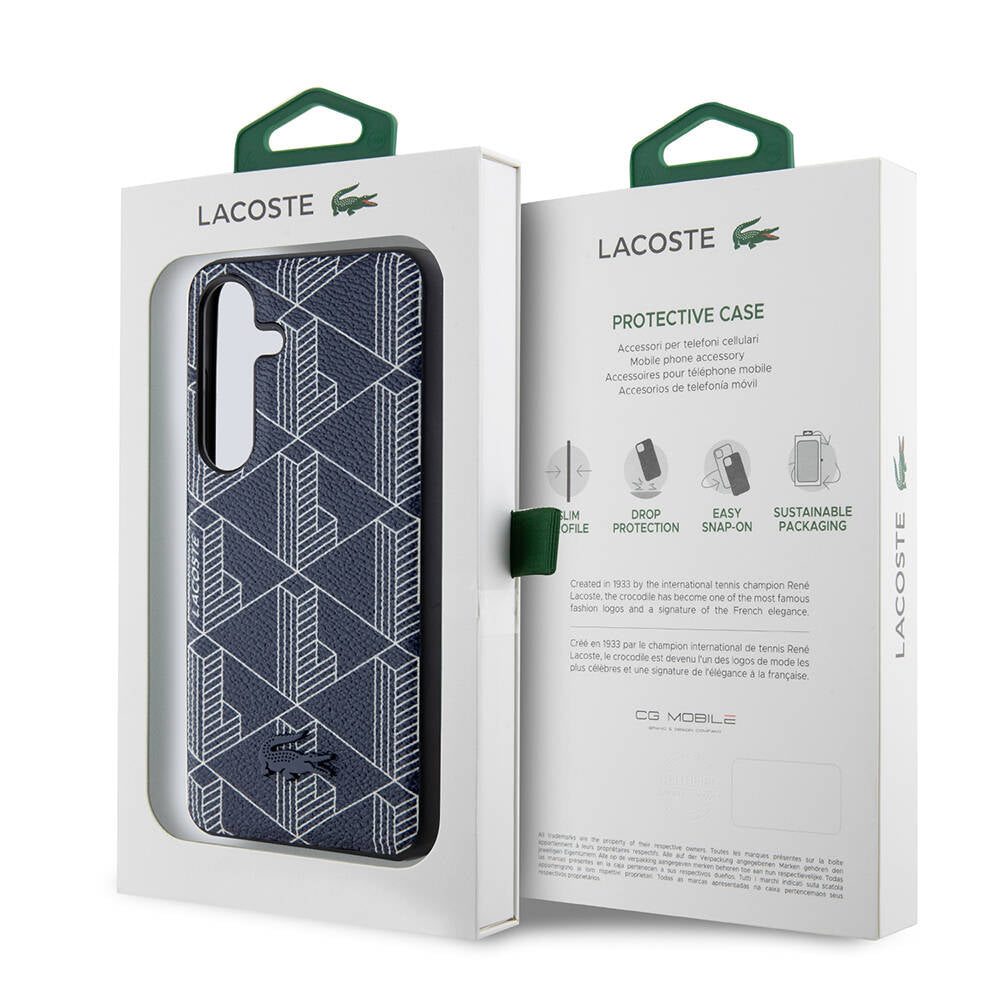 Galaxy S24 Kılıf Lacoste Orjinal Lisanslı Magsafe Şarj Özellikli PU Deri Görünümlü Karışık Monogram Desenli Kılıf Lacivert